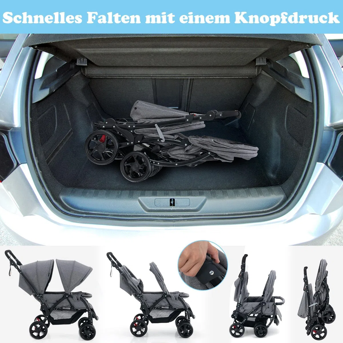 FANTASK Geschwisterwagen klappbar Zwillingswagen verstellbare Rückenlehne Verdeck Baby ab 6 Monate 30 kg Belastbar Grau