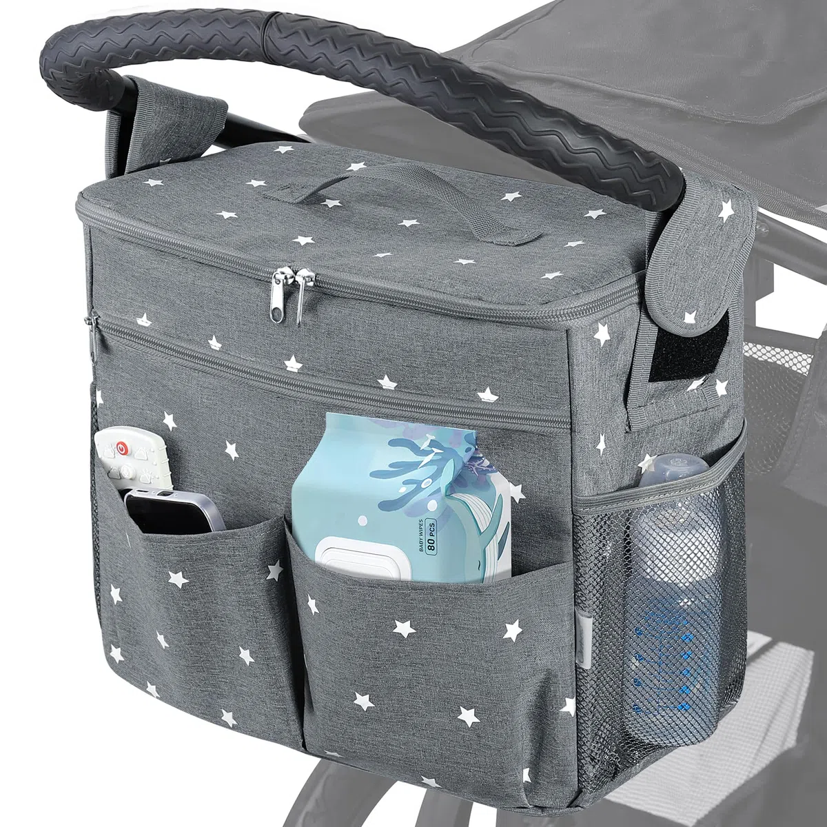 Orzbow Groß Kinderwagen Organizer, Wasserdichte Kinderwagen Tasche mit Getränkehalter & Abnehmbarer Trennwand, Universell Einsetzbar, Robuster Klettverschluss, Verstellbarer Schultergurt & Haken, Grau