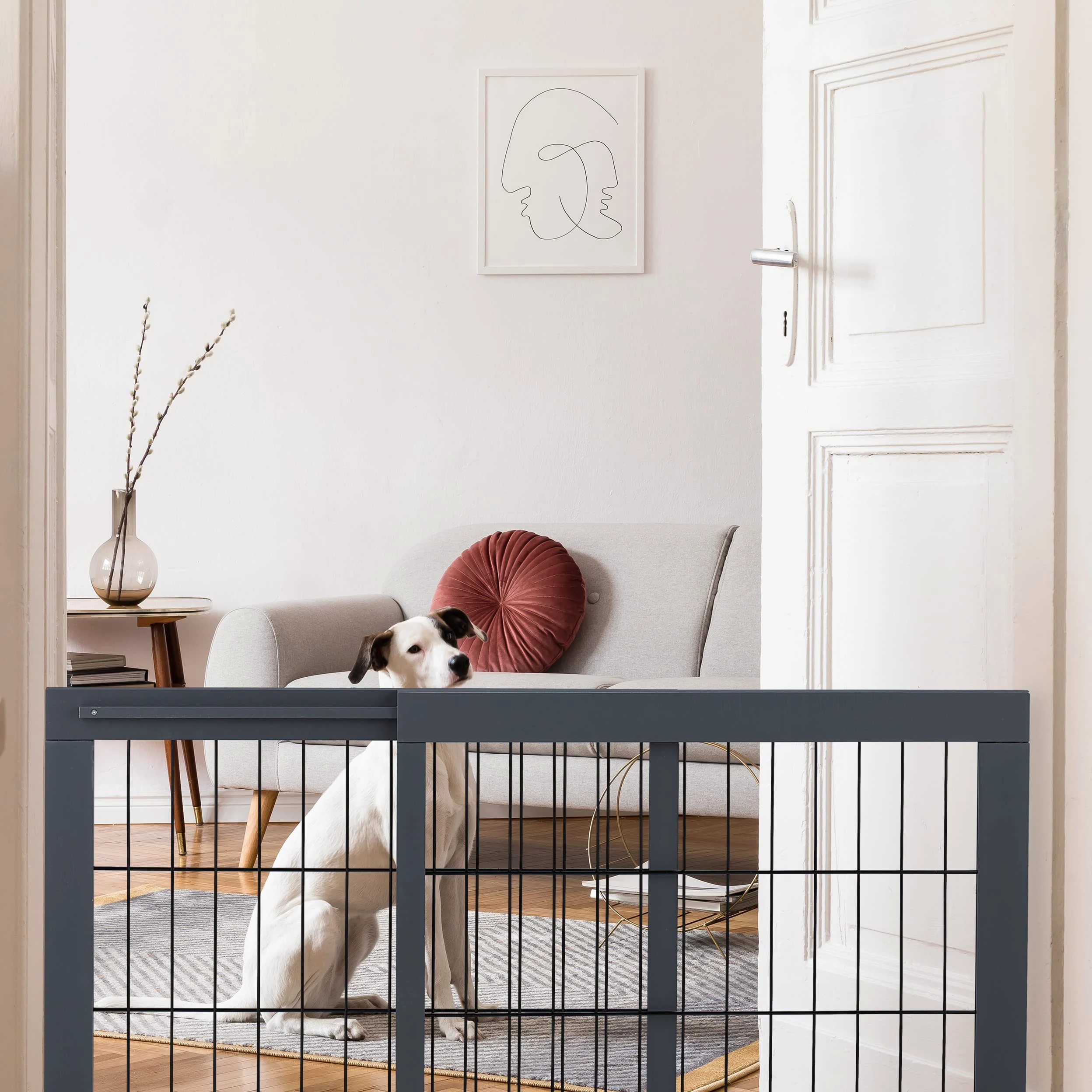 Relaxdays Absperrgitter, ausziehbares Schutzgitter, Treppe & Tür, HxB: 56 x 70-108 cm, freistehend, Kinder & Hunde, grau