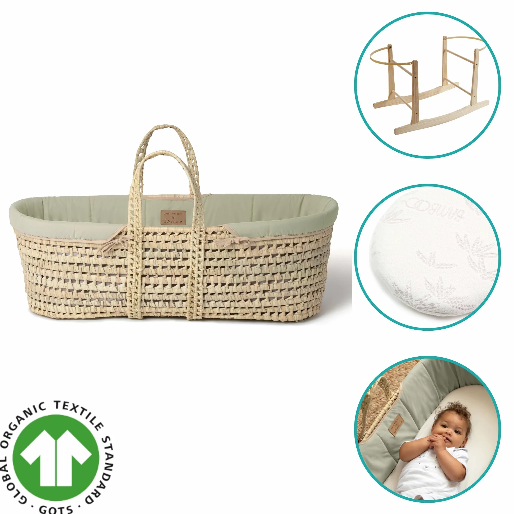 Clair de Lune Bio-Palme Moseskorb mit natürlichem Schaukelständer, preisgekrönter Baby-Stubenwagen 75 x 28 cm (Salbeigrün)