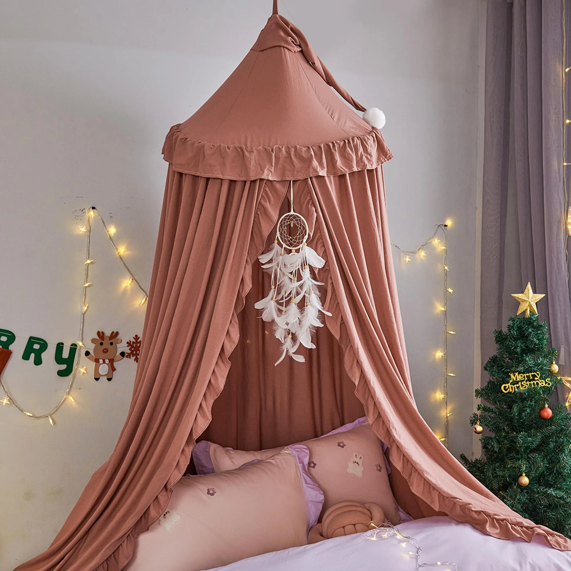 Betthimmel für Mädchen Prinzessin Runder Kuppel Träumendes Moskitonetz Bettwäsche Mädchenzimmer Schloss Spielzelt Hängendes Haus Dekor Leseecke Baldachine(Bohnenpaste rot)