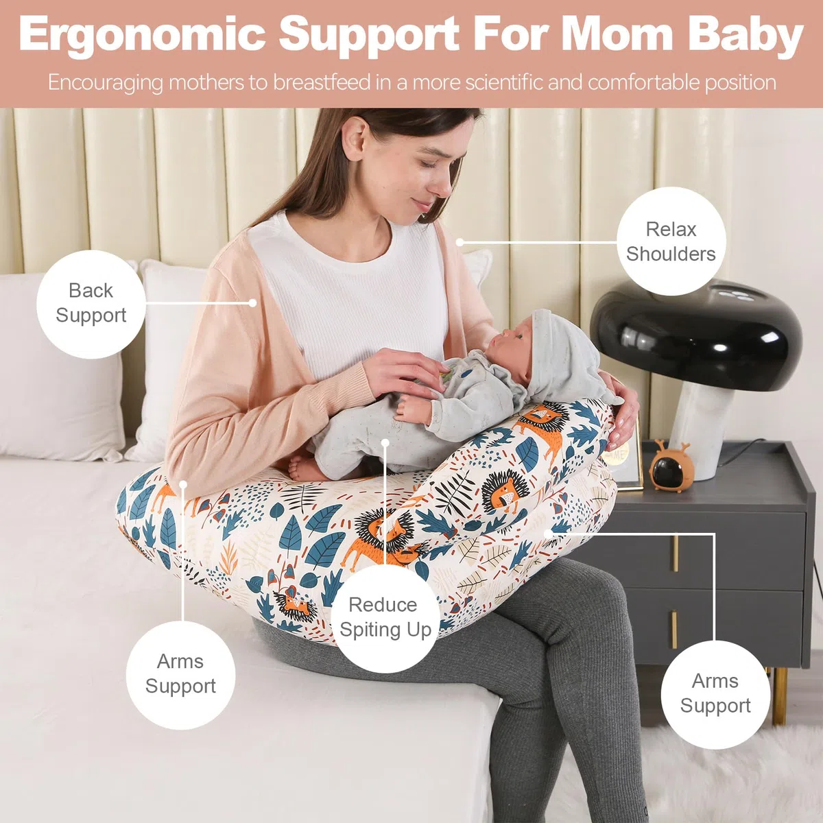 Stillkissen, Schwangerschaftskissen, Multifunktionales Motherhood Stillkissen mit Verstellbarem Hüftgurt und Sicherheitszaun, 100% Baumwollbezug (Löwe)