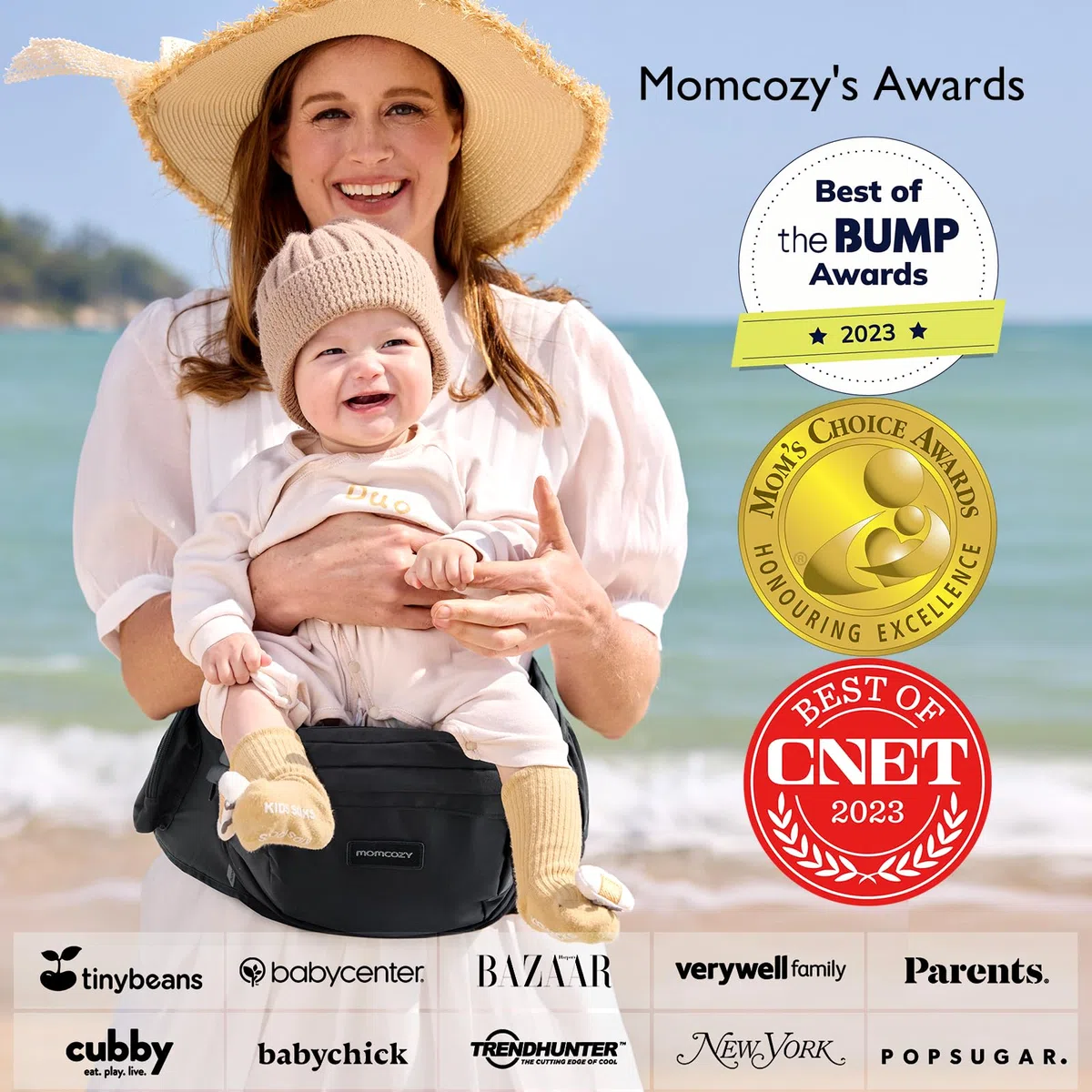 Momcozy Hüfttrage Baby - Originaler 3D-Bauchschutz & EVA-Massageplatte, Ergonomische Babytrage mit Taschen für Neugeborene und Kleinkinder bis 20 kg, Leichtgewicht (Schwarz, Mittelgroß)