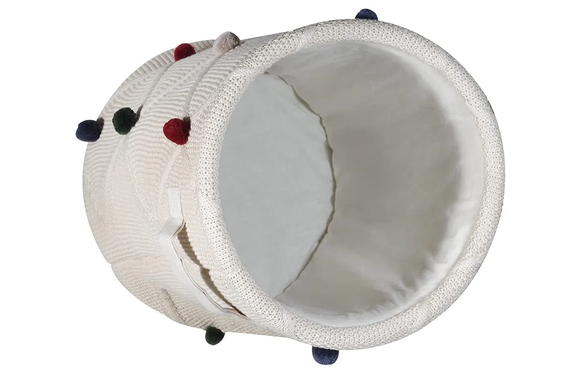 Kindsgut Aufbewahrungskorb Kinder Baumwolle mit Pompons, Creme | Spielzeugkorb 30x35 cm, weich und rund, für Kuscheltiere, Spielzeug, Decken und Wäsche, Kinderzimmer, Ordnung lernen, Unisex