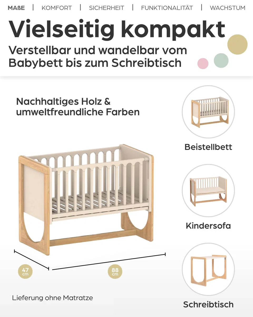 Geuther 4-in-1 Beistellbett Baby Hato, Baby Erstausstattung für Babyzimmer ab Geburt I Babybett mit Rollen, Gitterbett umbaubar als Kinderbett, Sitzbank oder Kindertisch I Buchenholz, Natur-Beige