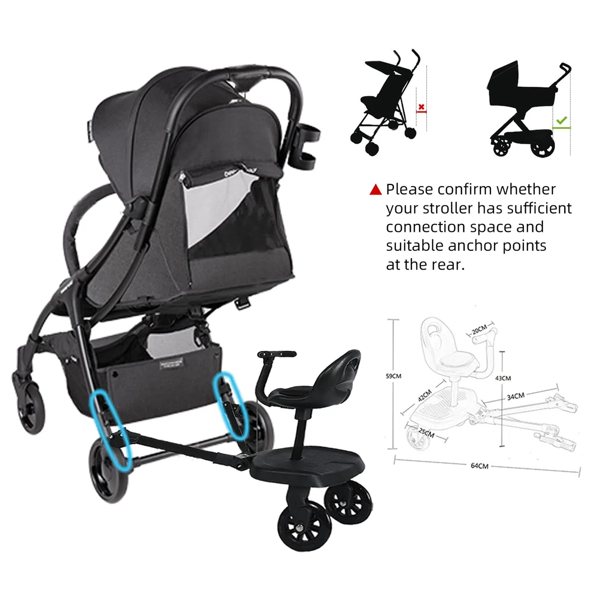 Trittbrett für Kinderwagen Universal, Vihir Buggy Board mit Sitz, Kiddy Board für alle Kinderwagen, Buggyboard für Geschwister, Kinderwagen Zubehör Für Kinder Von 2-6 Jahren