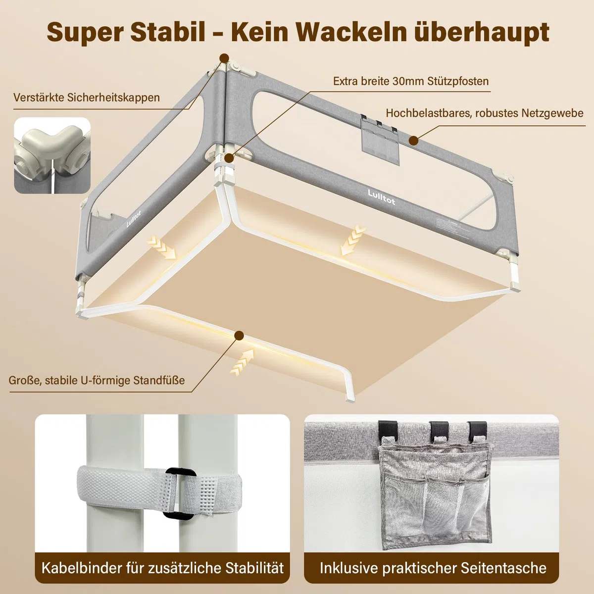 Bettgitter Rausfallschutz 3-seitig 180x200cm mit Spaltfüllstäbe | U-förmige Stabilstangen, Höhenverstellbar 66–96cm, Einklemmschutz, Werkzeuglose Montage, Mit Bettkopfstab für Boxspringbetten