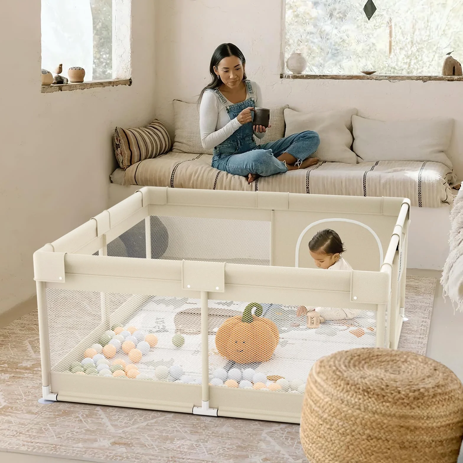 Baby Laufgitter 120x120 cm mit Matte & Matratze für Zuhause | Baby Laufgitter, geräumiger Spielbereich für Zuhause, leicht zu reinigen und platzsparend verstaubar