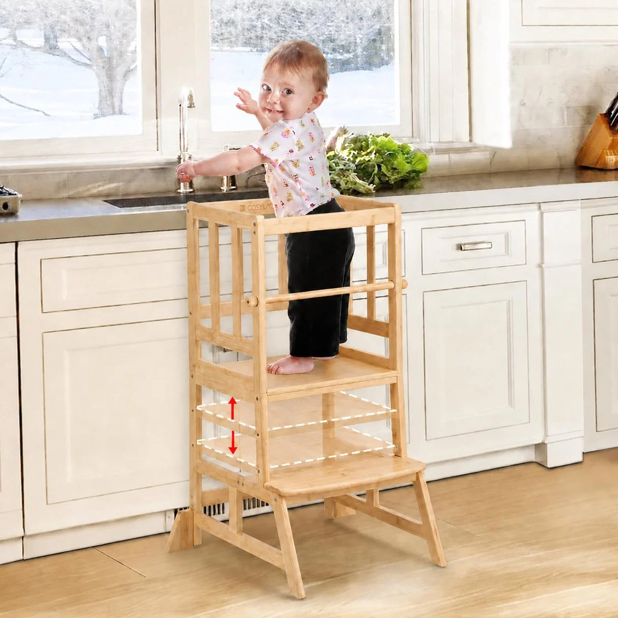 COSYLAND Höhenverstellbarer Lernturm ab 18 Monaten - Kinder Learning Tower-Lernturm für Küche und Kinderzimmer mit Kippschutz, rutschfesten Matten, 2 Stufen und Sicherheitsbügel, Bambus, Holzfarbe