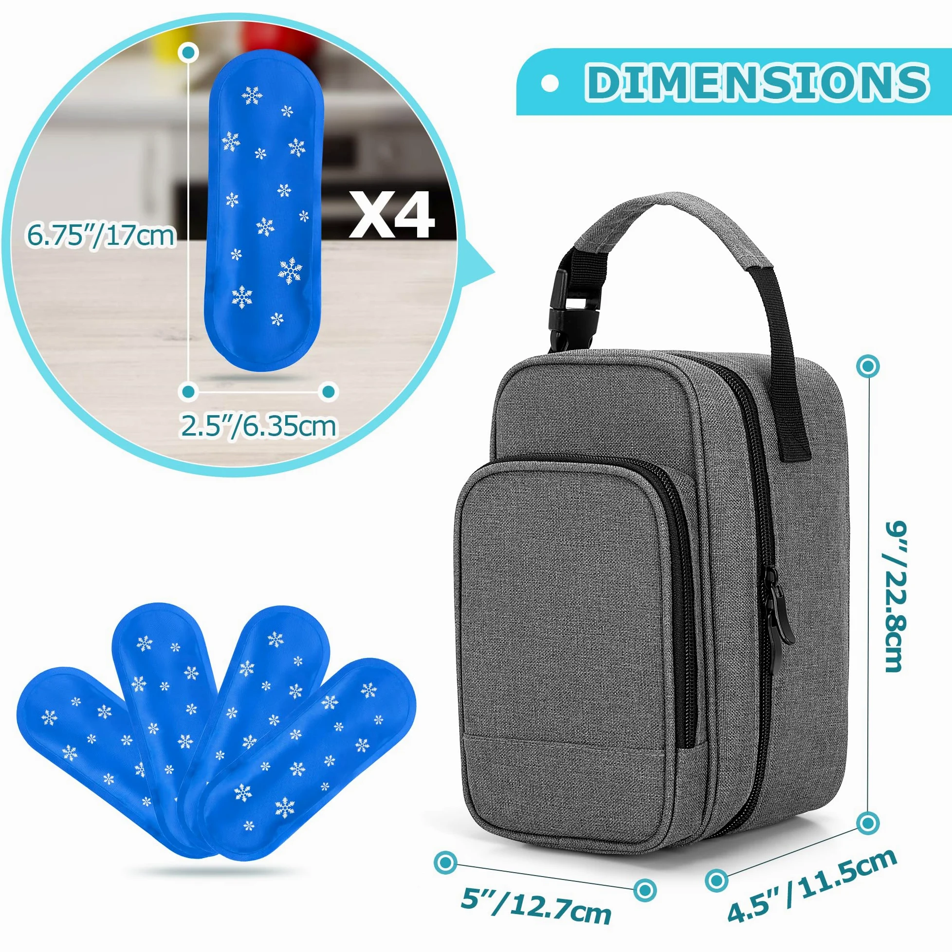 BAFASO Kühltasche für Muttermilch, Isoliert Muttertasche mit 4 Kühlakkus, Brustmilch Aufbewahrung Tasche mit Kühlelement, Reisetasche für Muttermilchbeutel, Grau