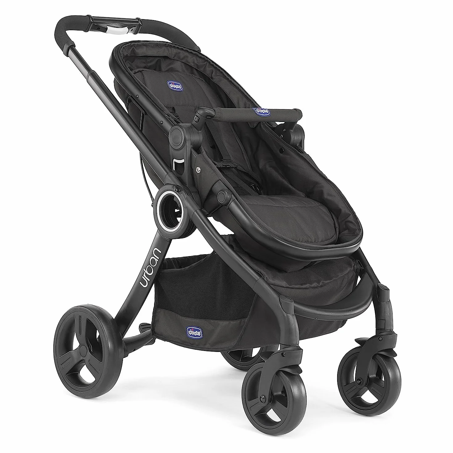Chicco 06079418950000 Urban Plus Gestell mit Halbfester Babyschale inklusiv Regenschutz, Frontbügel, Verkleidung für Die Kinderwagenversion