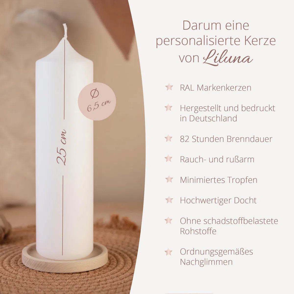 Taufkerze Mädchen Blumen modern personalisiert mit Namen & Taufspruch, online selbstgestalten, inkl. Jutebandverzierung