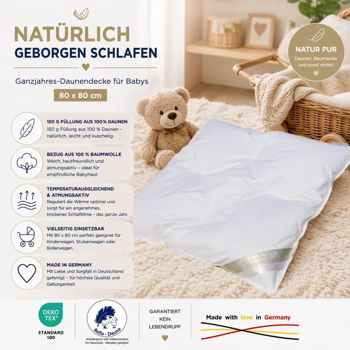 Betten Hofmann Franken Baby Ganzjahres Daunendecke 80x80 cm Steppbett 100% Daunen, leicht und flauschig, atmungsaktiv, waschbar, Naturprodukt