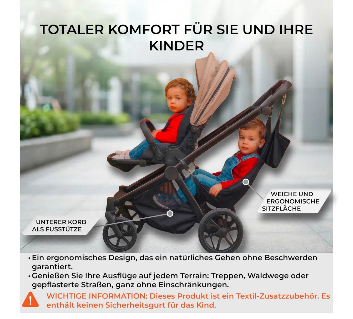 Dreamini Kinderwagen-Hängematte mit Sicherheitsnetz – Zubehör für Kinder (2-5 Jahre) – Universelle Buggy-Erweiterung bis 15kg – Die bequeme Buggy Board Alternative