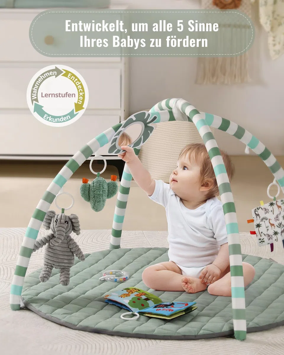 Blissful Diary Spielbogen Baby, Spieldecke Baby Gym Activity Decke mit 6 Abnehmbare Spielzeuge, krabbeldecke Einfach zu Installieren und zu Reinigen, Unverzichtbare Babygeschenke, Salbeigrün