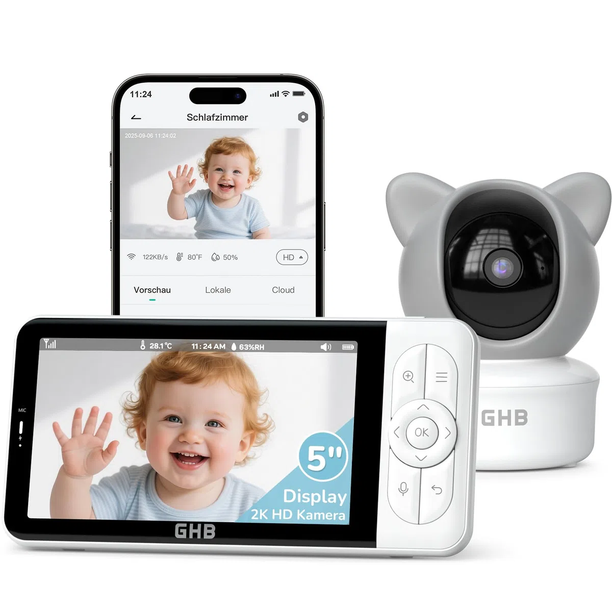 GHB Babyphone mit Kamera App WiFi 2K IPS 5 Zoll WLAN Babyphone PTZ 350°/65° VOX Bewegungs-/Geräusch-/Weinerkennung Nachtsicht 4 Zoom Nachtsich