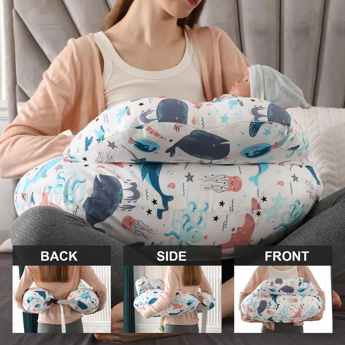 TOPCHANCES Stillkissen Stillkissenbezug Aus 100% Baumwolle Klein Für Baby,Motherhood Stilleinlagen Atmungsaktives,Herausnehmbares Und Waschbares Erstausstattung(Unterwasserwelt 65×55cm)