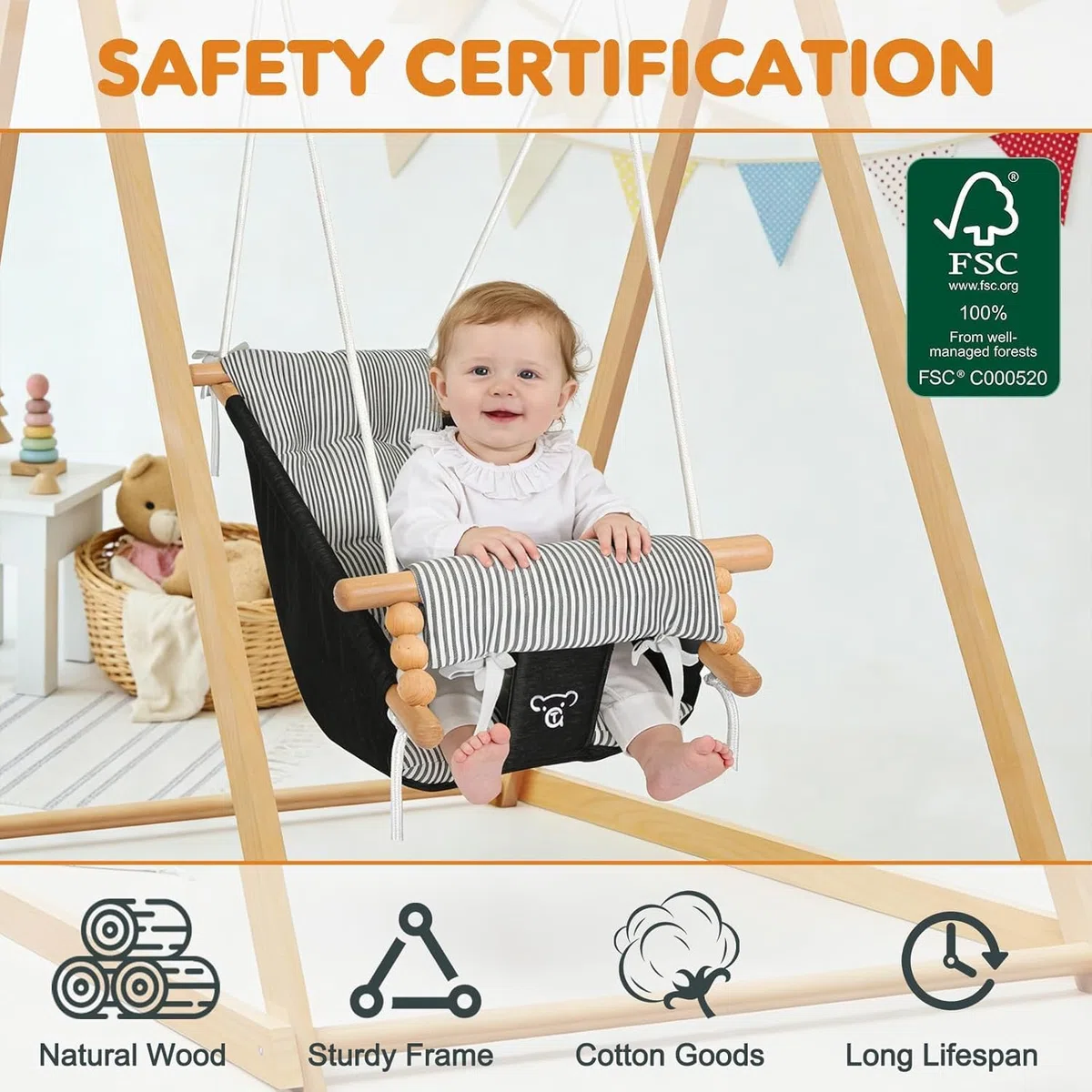 2-in-1 Türhopser Baby und Schaukel, Montessori-Holzschaukelset mit Gestell für drinnen und draußen, Baby-Hüpfer und Hängemattenschaukel mit 5-Punkt-Sicherheitsgurt, Geeignet für Kinder bis 3 Jahre