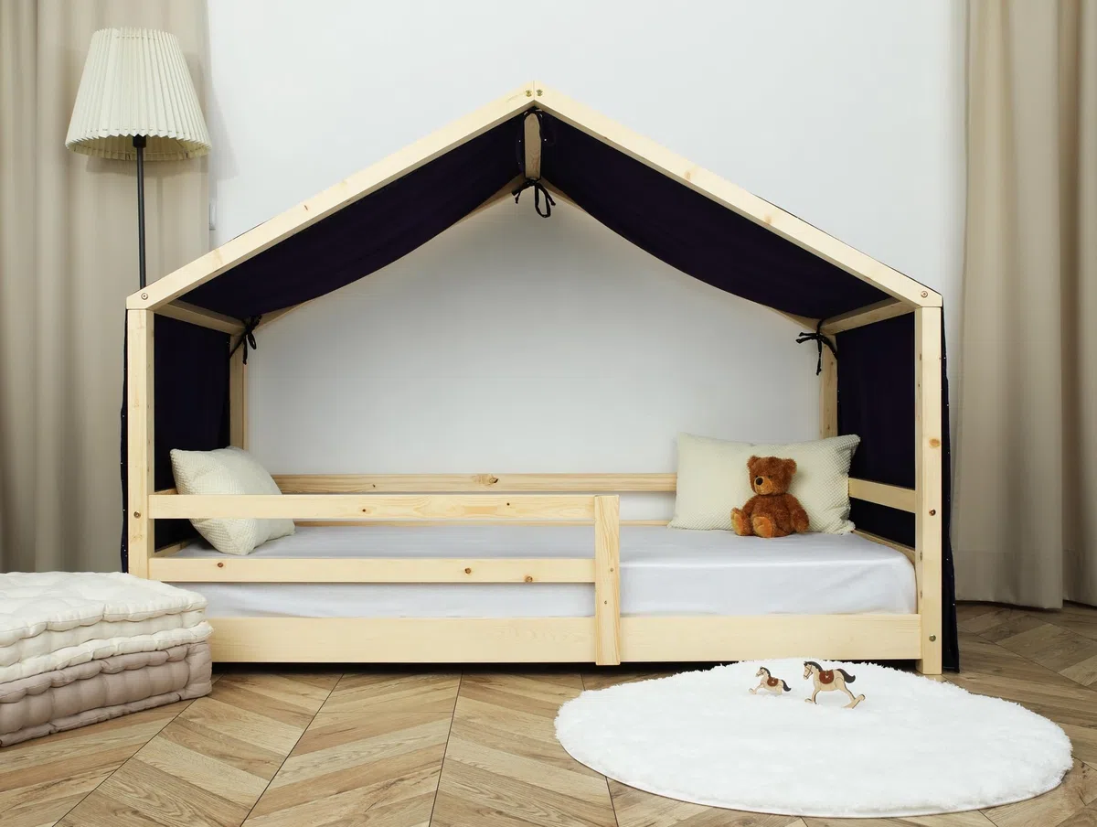 Hausbett Himmel - 100% Baumwolle Betthimmel Hausbett aus Musselin - Bett Vorhang Kinderbett - Himmelbett Vorhänge für 90x200 (Nachtblau/Gold, 97 x 402cm)