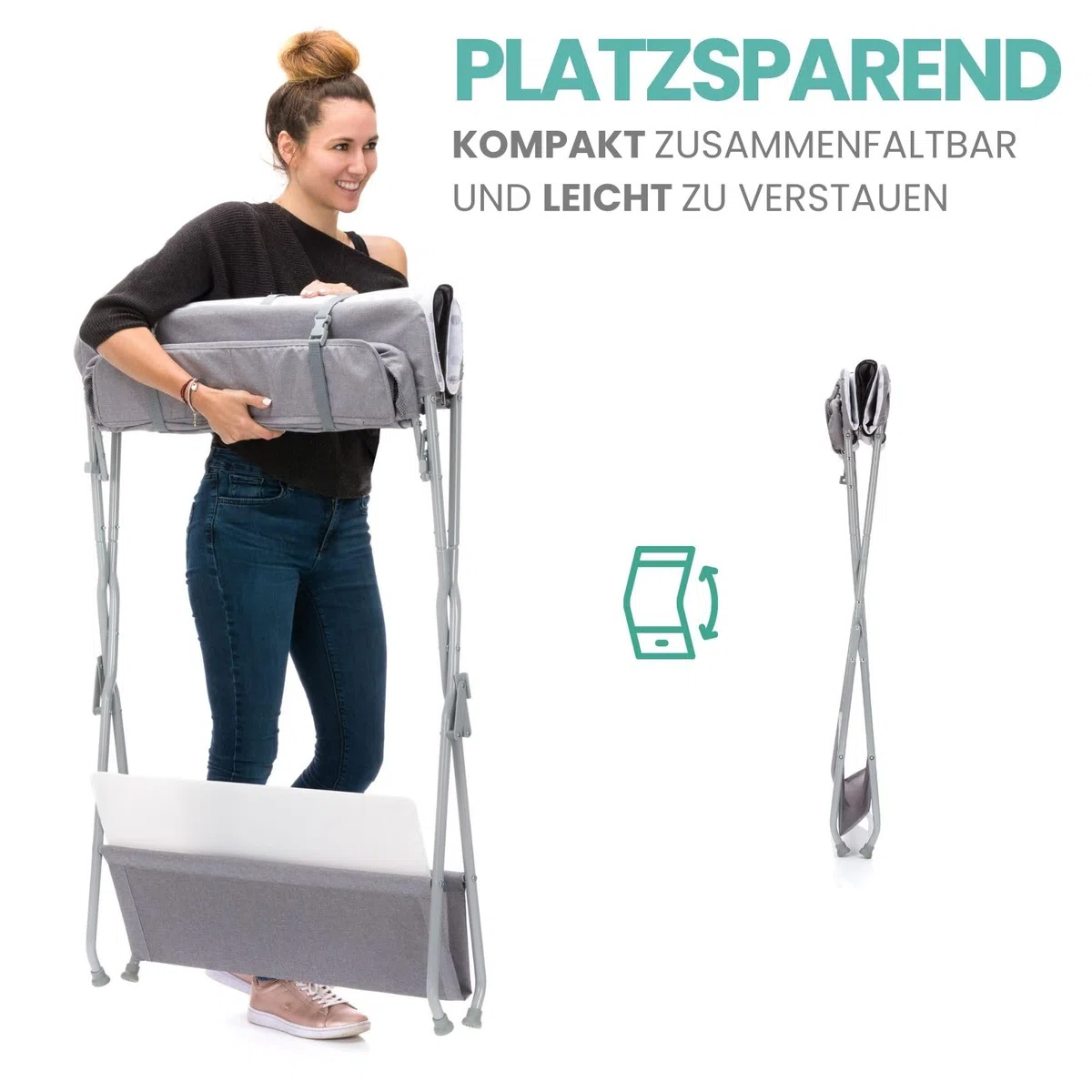 Fillikid Baby Wickelkombi - Punkte Grau | Klappbare Wickelkommode, mobiler Wickeltisch mit Wickelauflage und Ablagefächern, platzsparend und stabil
