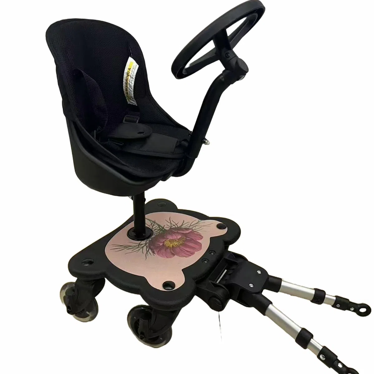 Roma X RHS 4 Rider Universal Buggy-Board mit Sitz, LED-Räder, gemusterter Sitz, passend für 99% Kinderwagen, für Kinder von 1-6 Jahren (25 kg), 4-Rad-Design, Spielzeugrad, Sitzen oder Stehen - Flora