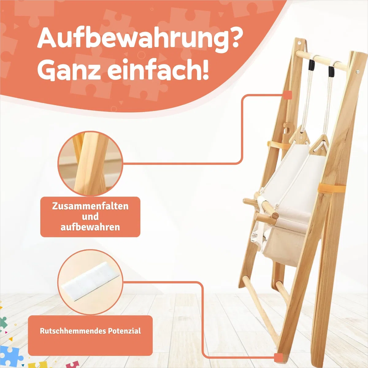 Holz Babyschaukel mit klappbarem Schaukelsitz, Babyschaukelstuhl & Baby Swing aus Kiefernholz, Holzspielzeug für Babys, Indoor & Outdoor Kinderschaukel für drinnen und draußen, sicherer Babysitz
