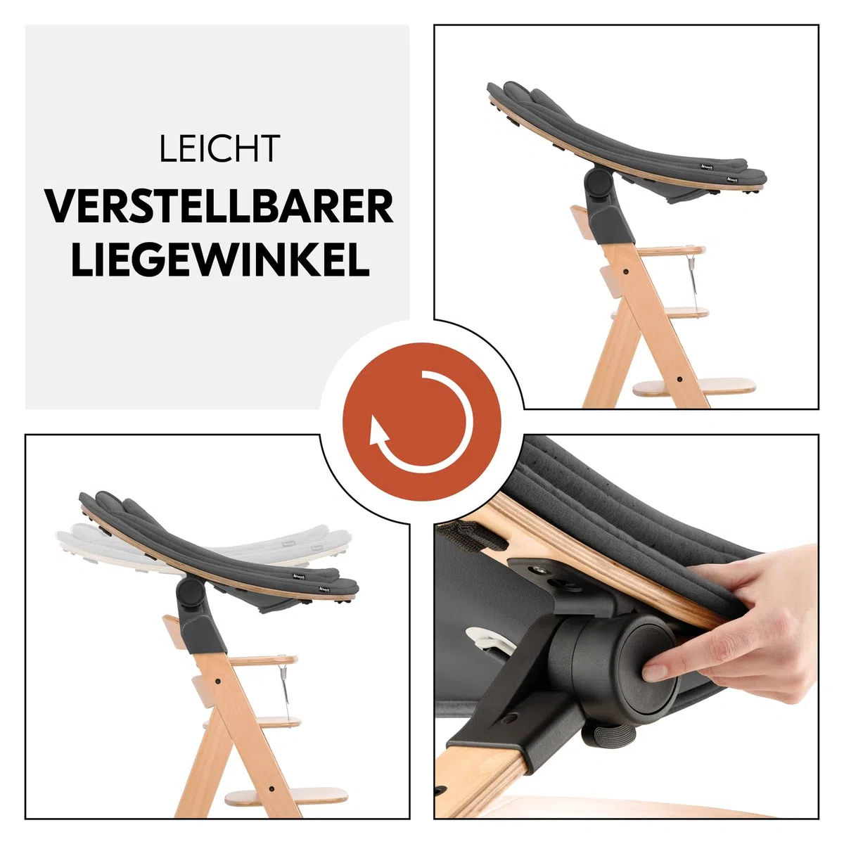 hauck Holz Babywippe & Hochstuhlaufsatz, Highchair Bouncer Eco Deep Grey | Ergonomischer 3in1 Neugeborenenaufsatz für Alpha+ & Beta+ hauck Hochstuhl ab Geburt bis 15 kg, 5-Punkt-Gurt, Baumwollbezug