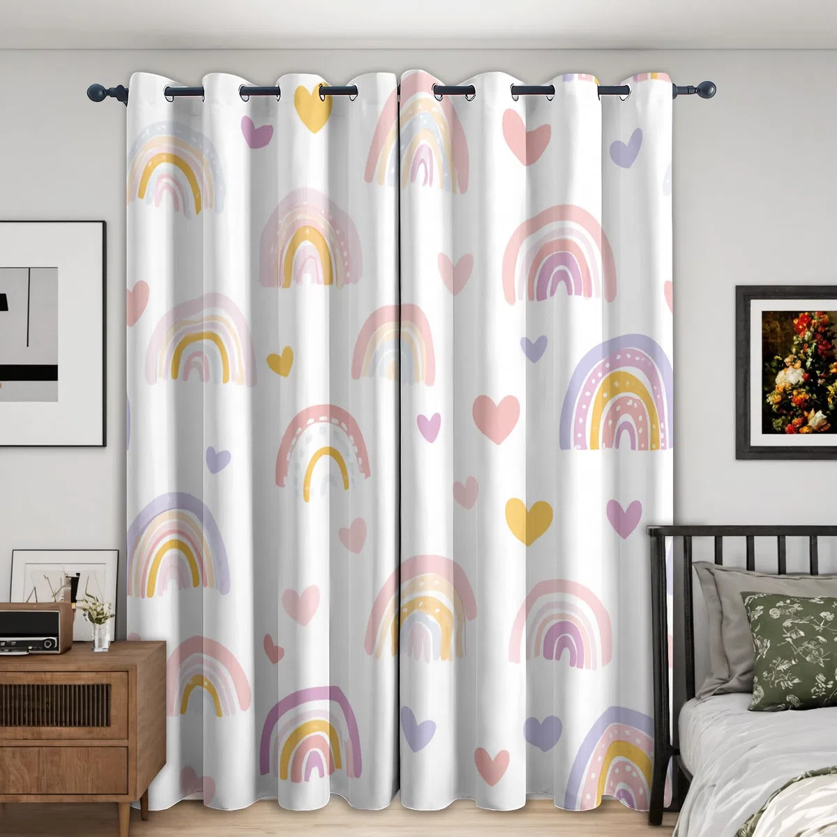 Generisch Herz Regenbogen Gardinen Blickdicht 2er Set, Vorhänge Mädchen Kinderzimmer Motiv mit Ösen, Wohnzimmer Schlafzimmer Deko, Thermovorhang Verdunkelung, H 175 x B 140 - M497