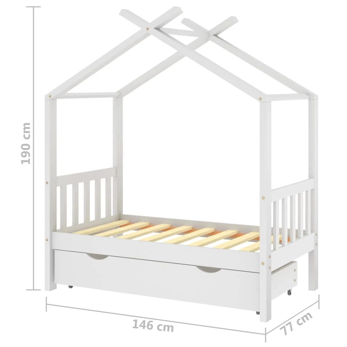 Chusui Kinderbett mit Schublade, Kinderbett, Hausbett, Kinder Bett, Betten, Weiß Massivholz Kiefer 70x140 cm