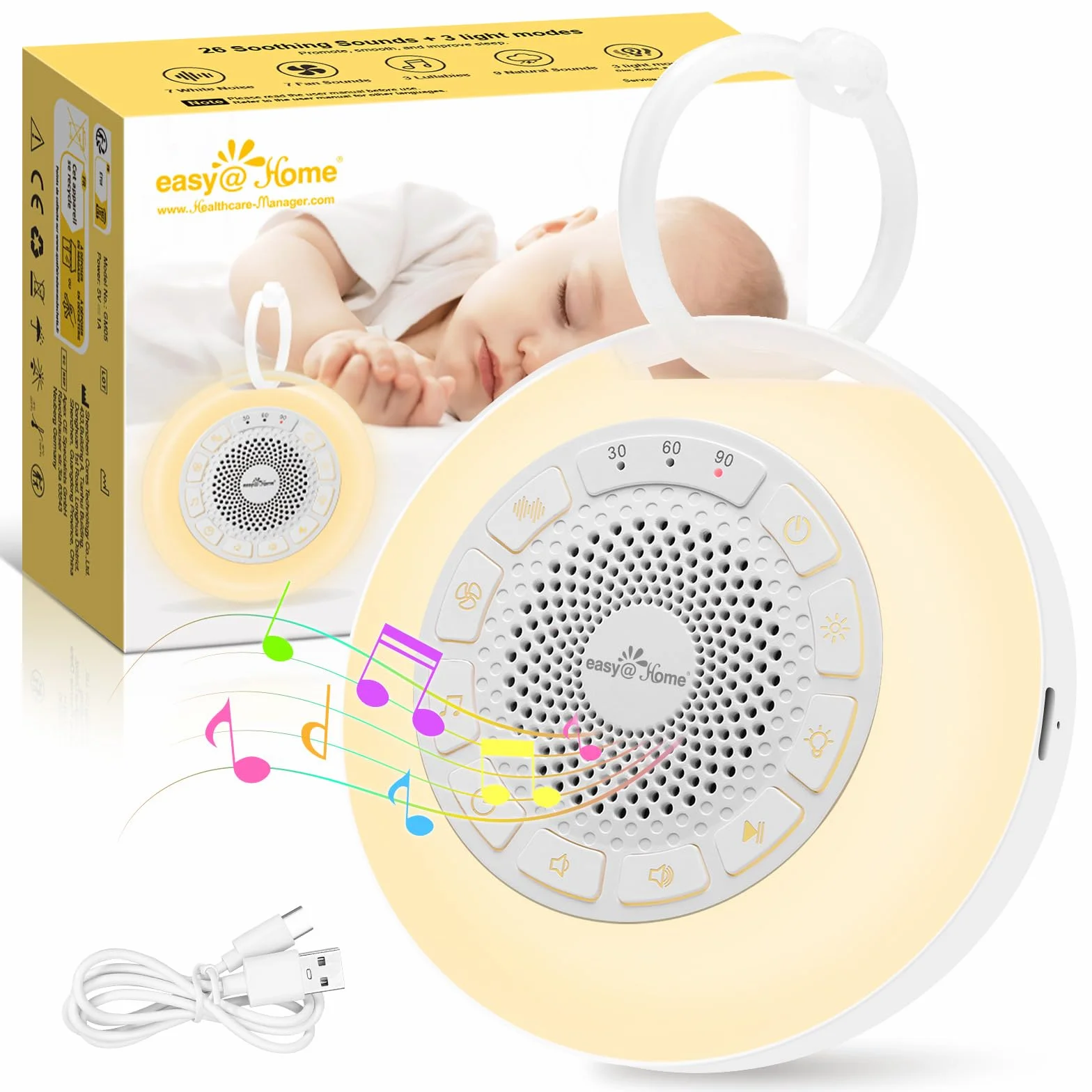 Easy@Home White Noise Machine: Tragbare Einschlafhilfe Babys mit weißem Rauschen | Nachtlicht | 26 Beruhigende Schlaflieder & Naturgeräusche | 3 Timer-Einstellungen | 7 Bunte Beleuchtung & USB