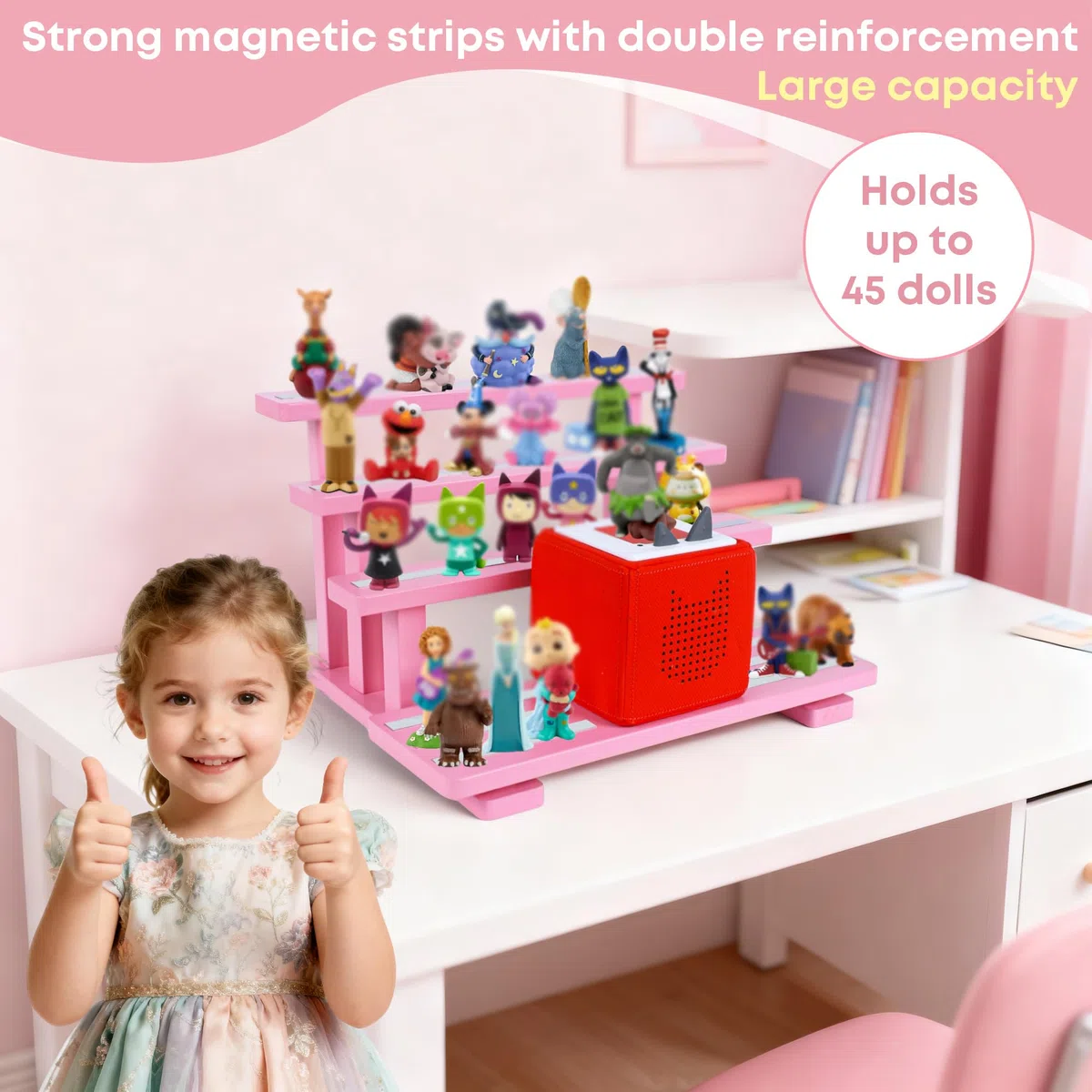 Für Tonies Figurenregal magnetisch,für Toniebox Figurenregal,Aufbewahrungsregal Display-Ständer,Platz für 45 Figuren,kompatible Ladestation für Kinderzimmer,Kiefernholz(Rosa)