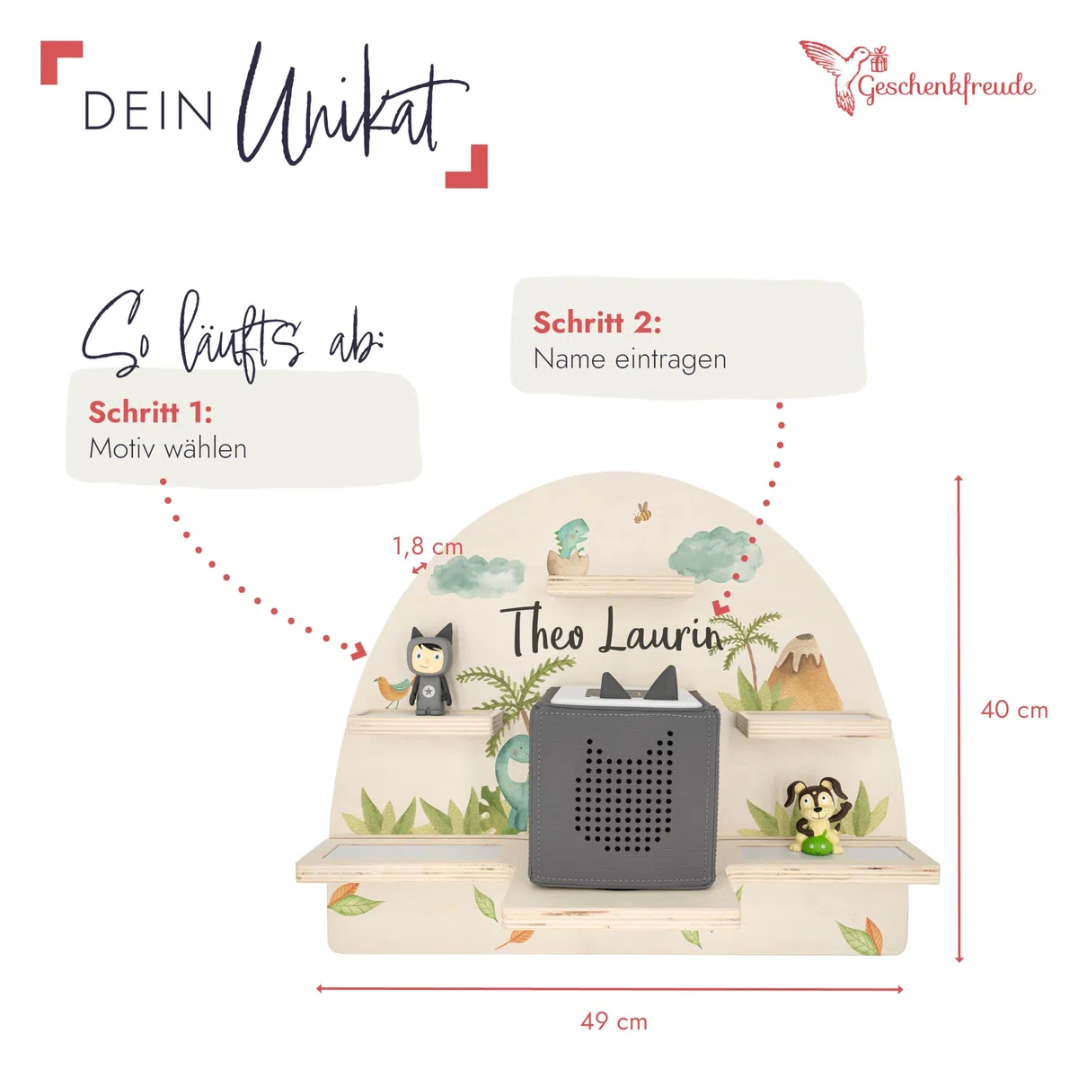 Geschenkfreude Personalisiertes Toniebox Regal für Kinderzimmer - Kinder Wandregal für Tonie Hörfiguren - Magnetisches Tonie Wandregal zur aufbewahrung von Tonieboxen und Figuren – Dino