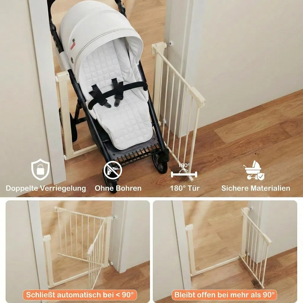Treppenschutzgitter ausziehbar ohne Bohren - Türschutzgitter 96cm Beige | Türschutzgitter ohne Bohren für Babys, Kinder & Haustiere, Sicherheitsgitter, Kinderschutzgitter für Treppen & Türen