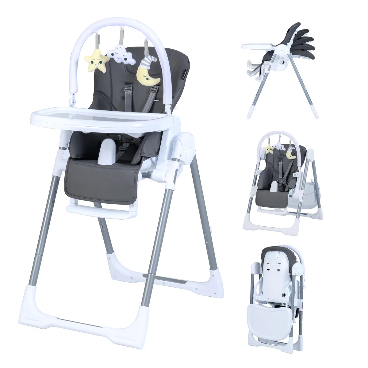 LIFEZEAL Hochstuhl für Kinder von 6-36 Monaten, Stuhl, Hochstuhl, höhenverstellbar, faltbar, neigbar, Sicherheitsgurt, Fußregen, 2 Tabletts, Räder, Spielzeug, Dunkelgrau