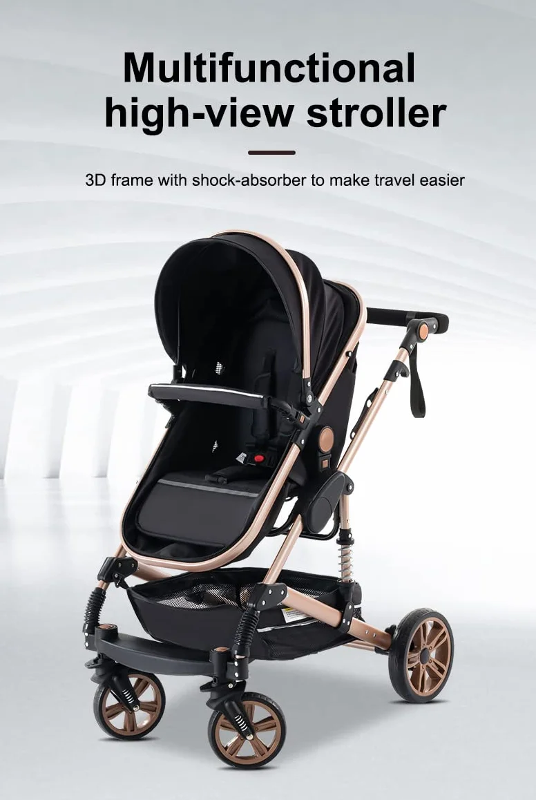 YAZOCO 3 in 1 Kinderwagen Kombikinderwagen komplettset Zusammenklappbar baby kinderwagen incl Babywanne & Buggy Sportsitz & Fußsack & Moskitonetze (Schwarz und Gold)