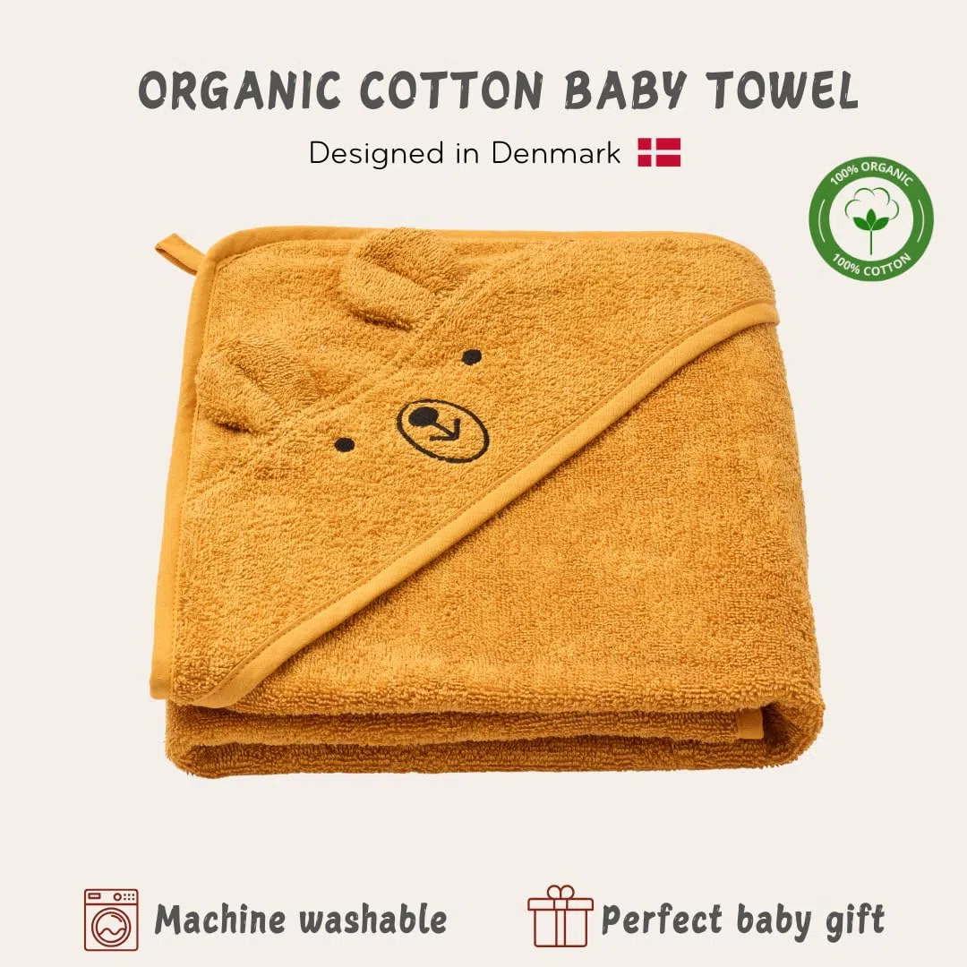 Denmark - Premium Bio-Baumwolle Baby Badetuch - Kapuzenhandtücher für Kleinkinder und Baby Handtücher für Neugeborene Mädchen und Junge - Super weich und saugfähig, 32x32 (Bär - Herbstgelb)