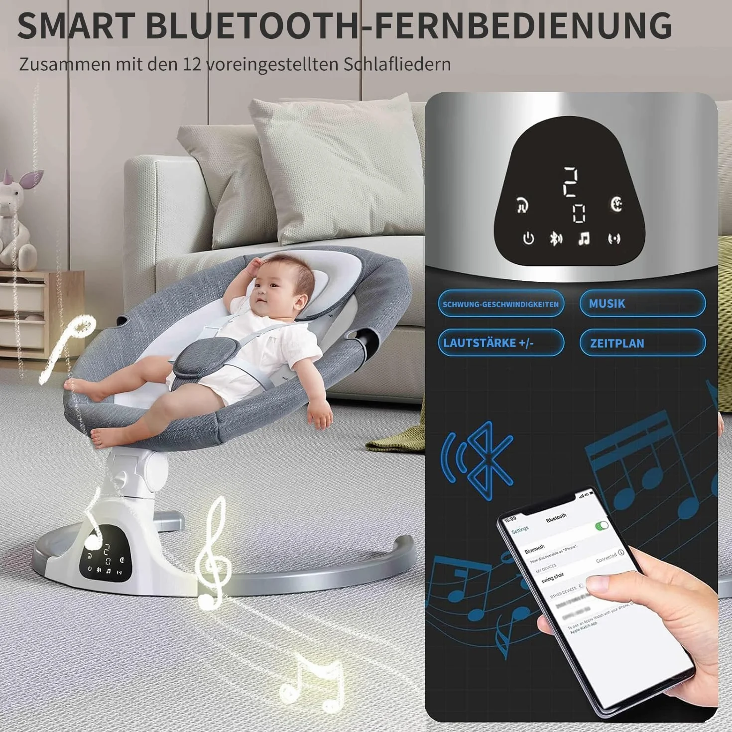 Bluetooth-Baby-Schaukel für Säuglinge, 5 Geschwindigkeit Musik-Lautsprecher mit 12 voreingestellten Schlaflieder, Fernbedienung Indoor-Baby-Wippe mit Touchscreen Stuhl für 0-9 Monaten (Khaki)