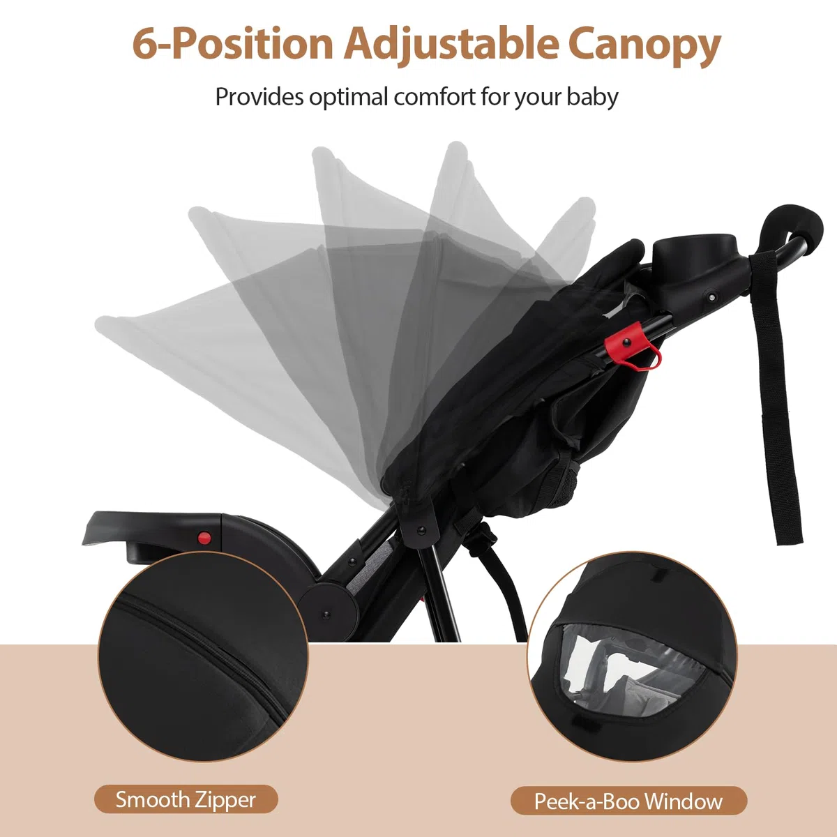 LIFEZEAL Kinderwagen klappbar, Kinderbuggy mit 3 Rädern, verstellbarem Sonnenschutz & 5-Punkt-Gurt, Buggy mit abnehmbarem Tablett & Getränkehalter, bis 22 kg, Schwarz