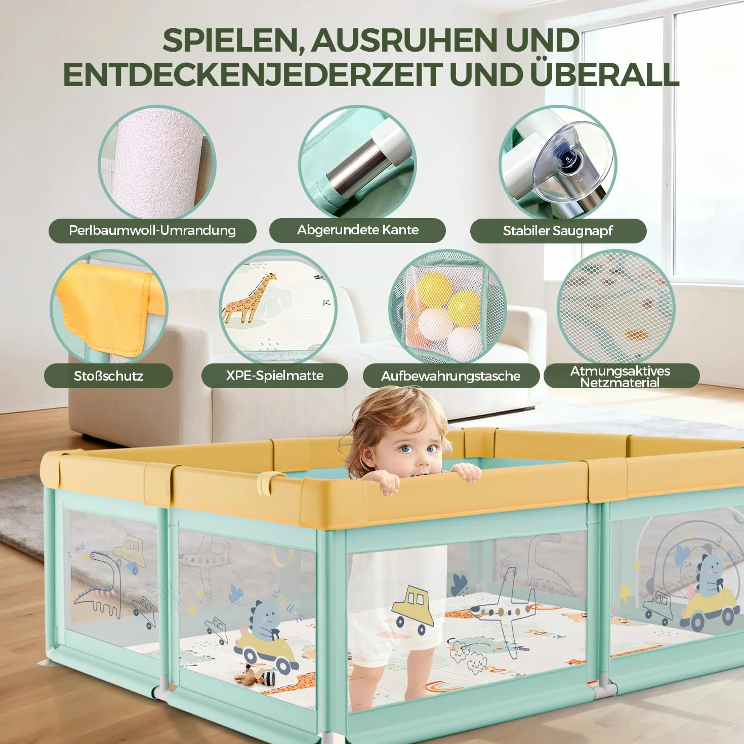 Großes Laufstall Baby Mit Matratze - Sicherer XXL Laufgitter Baby Mit Atmungsaktivem Netz, 60 Bällen, Basketballkorb, 4 Zugringen Und Einer Faltbaren Matte (Grün Krokodil, 150 x 180 x 66 cm)