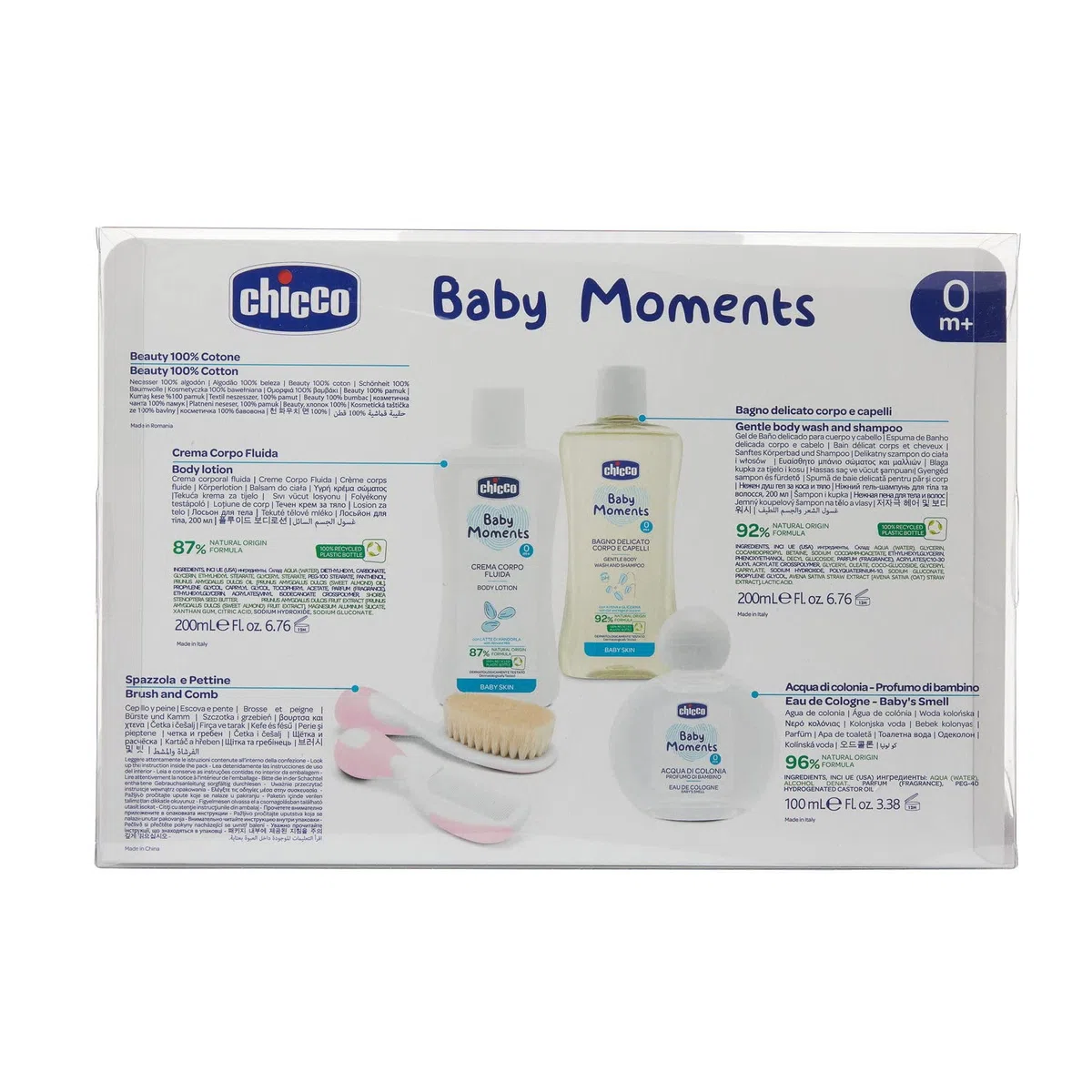 Chicco Geschenkset Baby Moments, Mit Eau de Cologne 100ml, Sanfte Körper- und Haarwäsche 200ml, Körpercreme 200ml, Bürste und Kamm, Alles, was man für das Baden braucht, Rosa, 0 Monate+