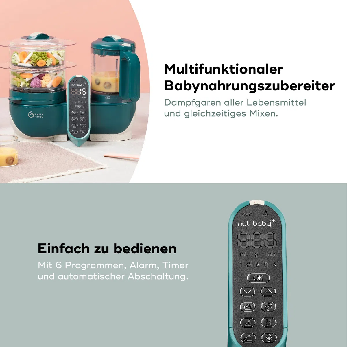 Babymoov Nutribaby Plus Opal Green Babynahrungszubereiter 2200ml + Babybols Aufbewahrungsbehälter 15-teilig