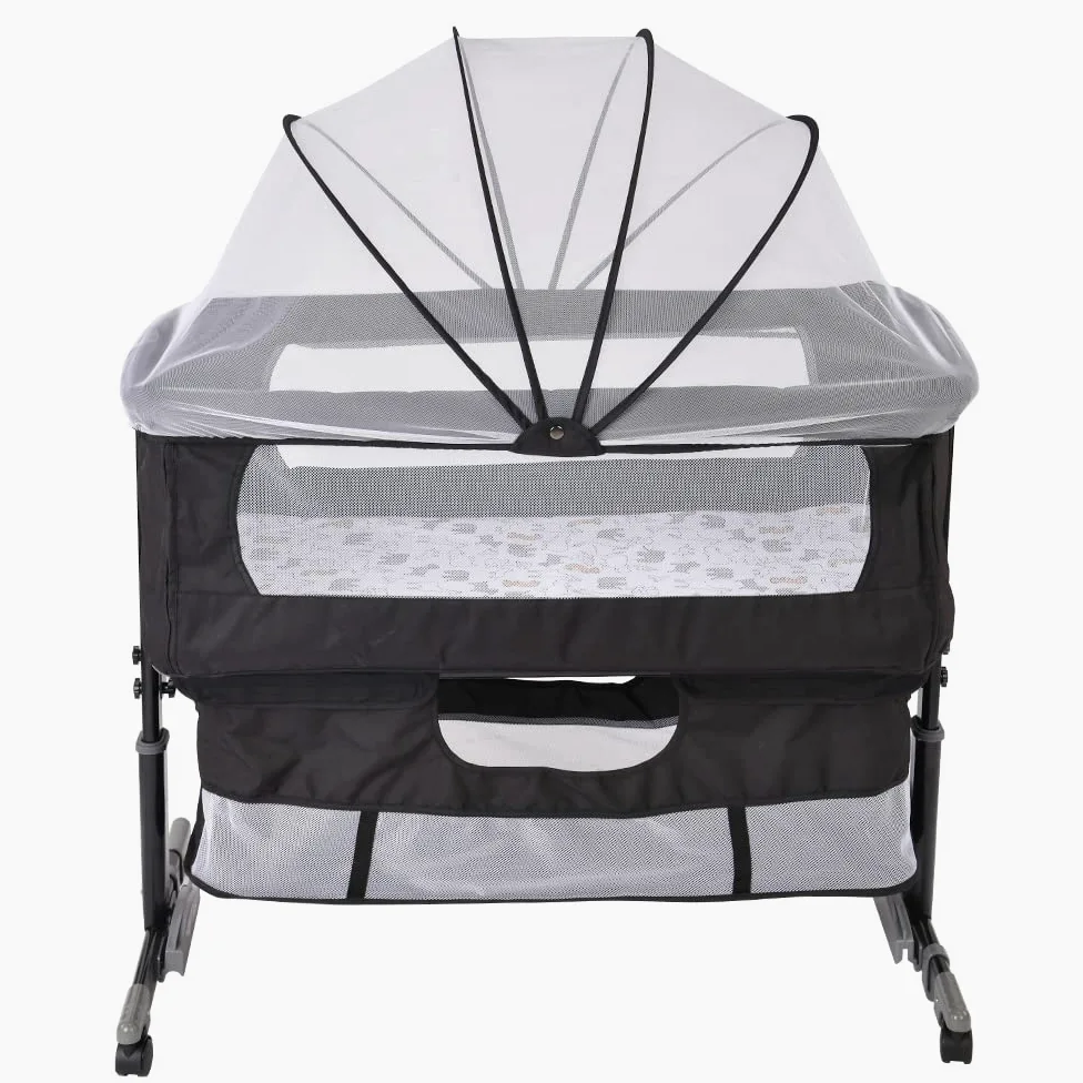 Codododo-Kinderbett mit Matratze und Moskitonetz, 2-in-1, Beistellbett für Babys von 0 bis 36 Monaten, faltbar, 2-in-1, Babywiege, Mobile Beistellbett (92 x 58 x 70-87 cm, schwarz)