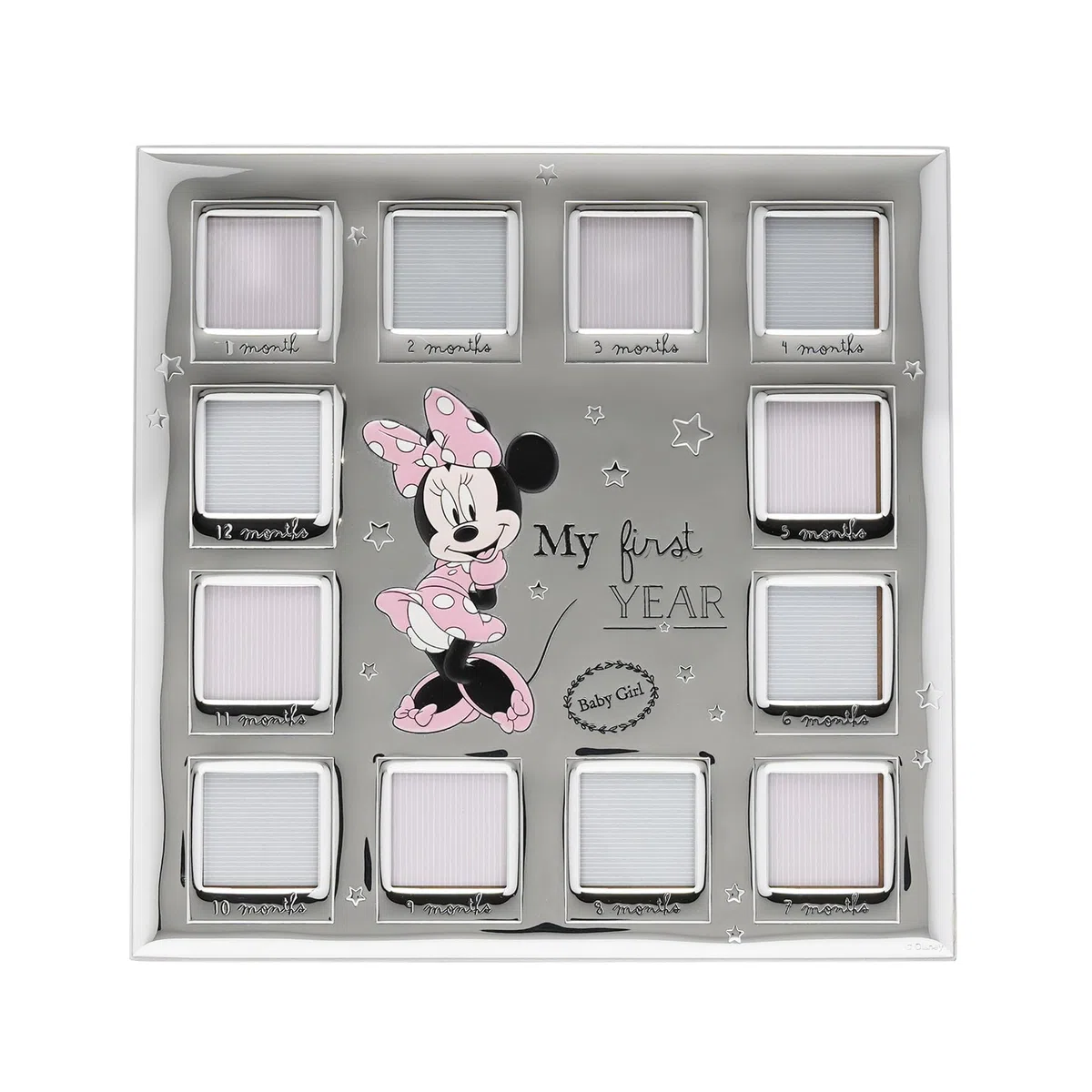 Disney – Minnie Mouse – Echt versilberter Multi-Bilderrahmen "My First Year" – hergestellt in Italien, lizenziertes Disney-Merchandise-Produkt, selbststehend, Holzrückseite, Frühjahr, Geburt, Geschenk