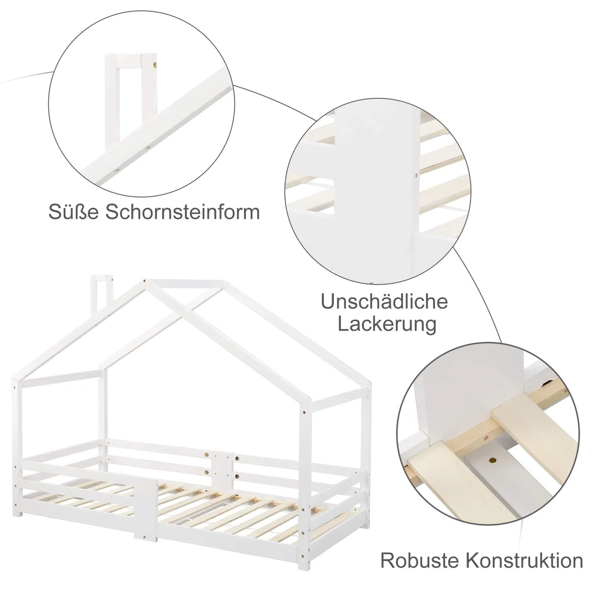 Kayan Kinderbett Hausbett mit Schornstein | Rausfallschutz| Robuste Lattenroste |Kiefernholz Haus Bett für Kinder, 90 x 200 cm (Weiß)