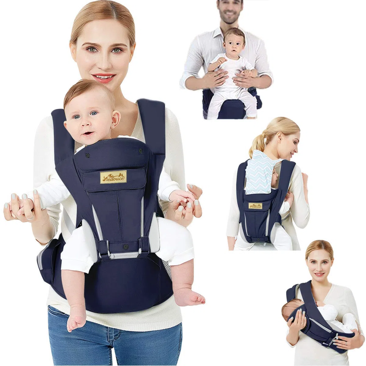 Viedouce Babytrage Ergonomische mit Hüftsitz/Reine Baumwolle Leicht und atmungsaktiv/Multiposition:Dorsal, Ventral, Einstellbar für Neugeborene und Kleinkinder von 3-48 Monate (3,5 bis 20 kg)