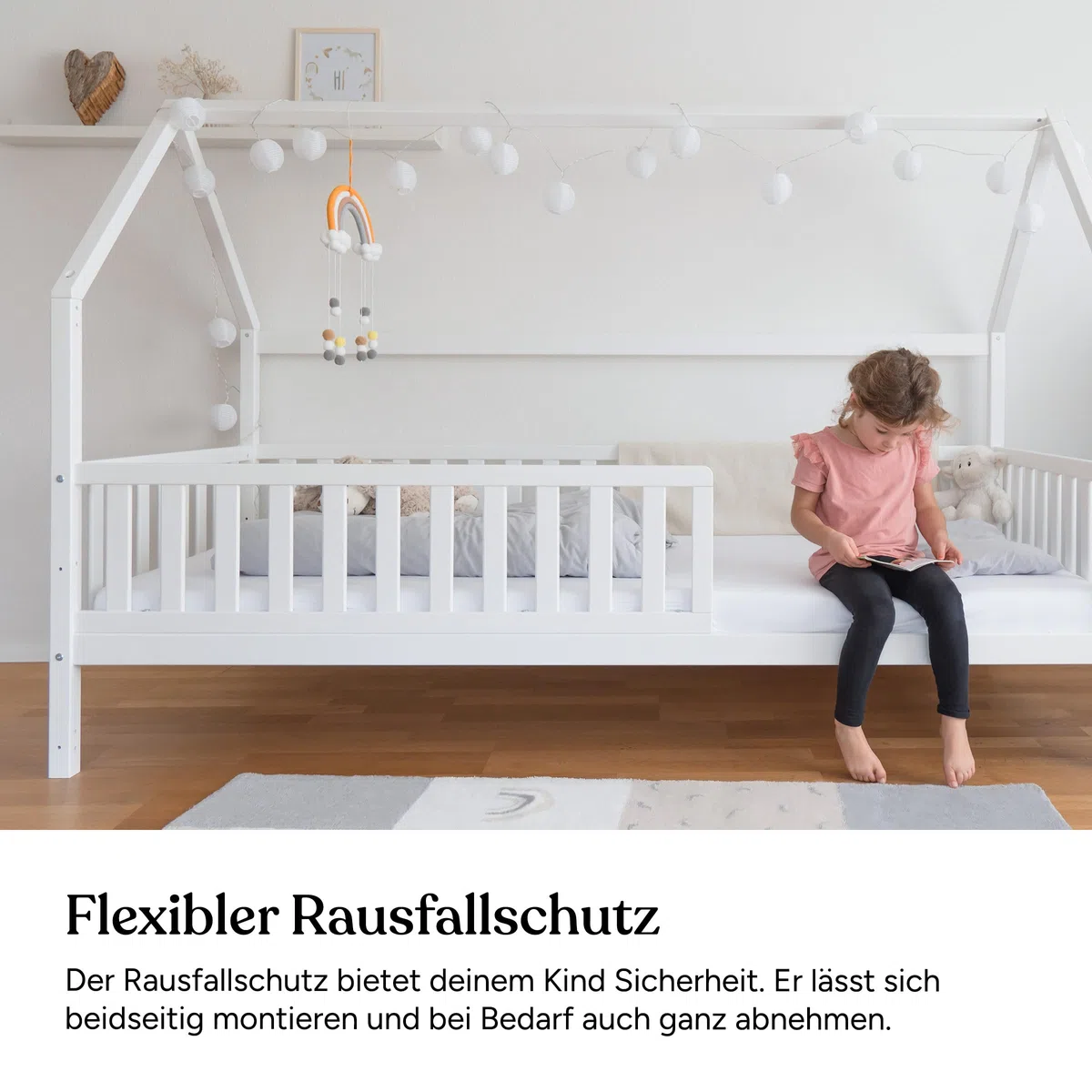 Ehrenkind® Hausbett Buche Livo | FSC Zertifiziert | Kinderbett mit Rausfallschutz | höhenverstellbar Massivholz | Kinder Bett | Hausbett 120x200 cm | weiß