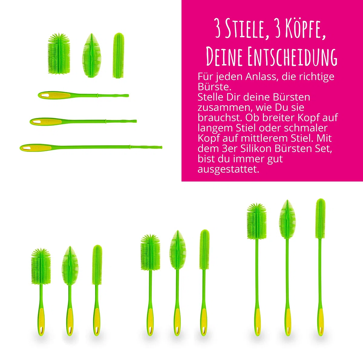 Kochblume Silikonbürsten 3er Set mit Wechselköpfen | Flaschenbürste, Spülbürste, Antibakteriell, Keimfrei (anthrazit)
