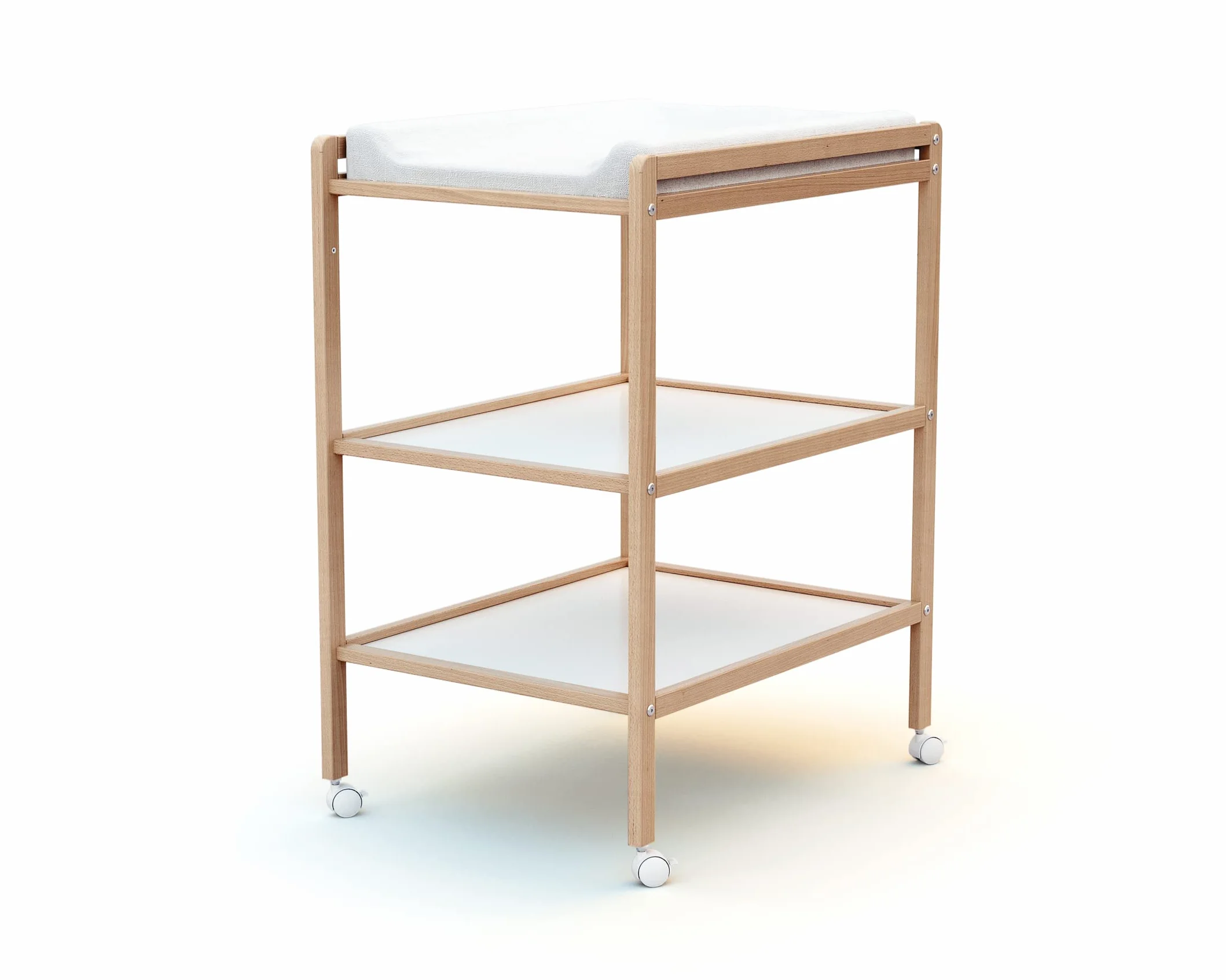 AT4 - Wickeltisch mit 2 Regalen Essentiel Lackierte Buche | 75 x 58 x 94 cm | Wickelkommode mit Rollen | Platzsparend | Kompakt
