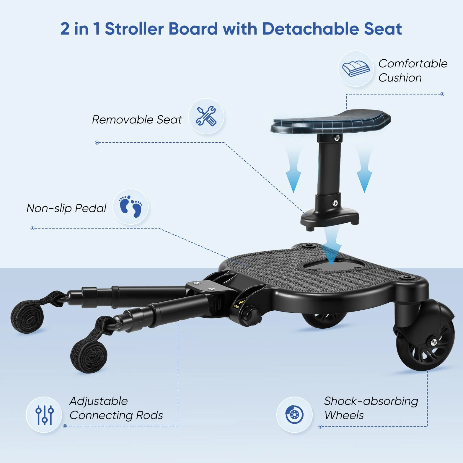 Buggy Board, Trittbrett für Kinderwagen Universal, Buggy Board für Alle Kinderwagen, Kiddy Board mit Sitz, für Kinder von 2 bis 6 Jahren, Maximale Belastung 25 KG (schwarze Räder)