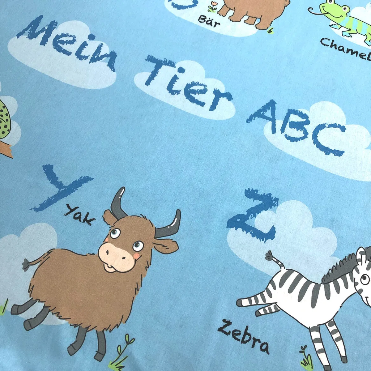 Kinderbettwäsche Sleep and Dream Mein Tier ABC Wolken Elefant Löwe Zebra AFFE Buchstaben Renforcé, Größe:135 cm x 200 cm